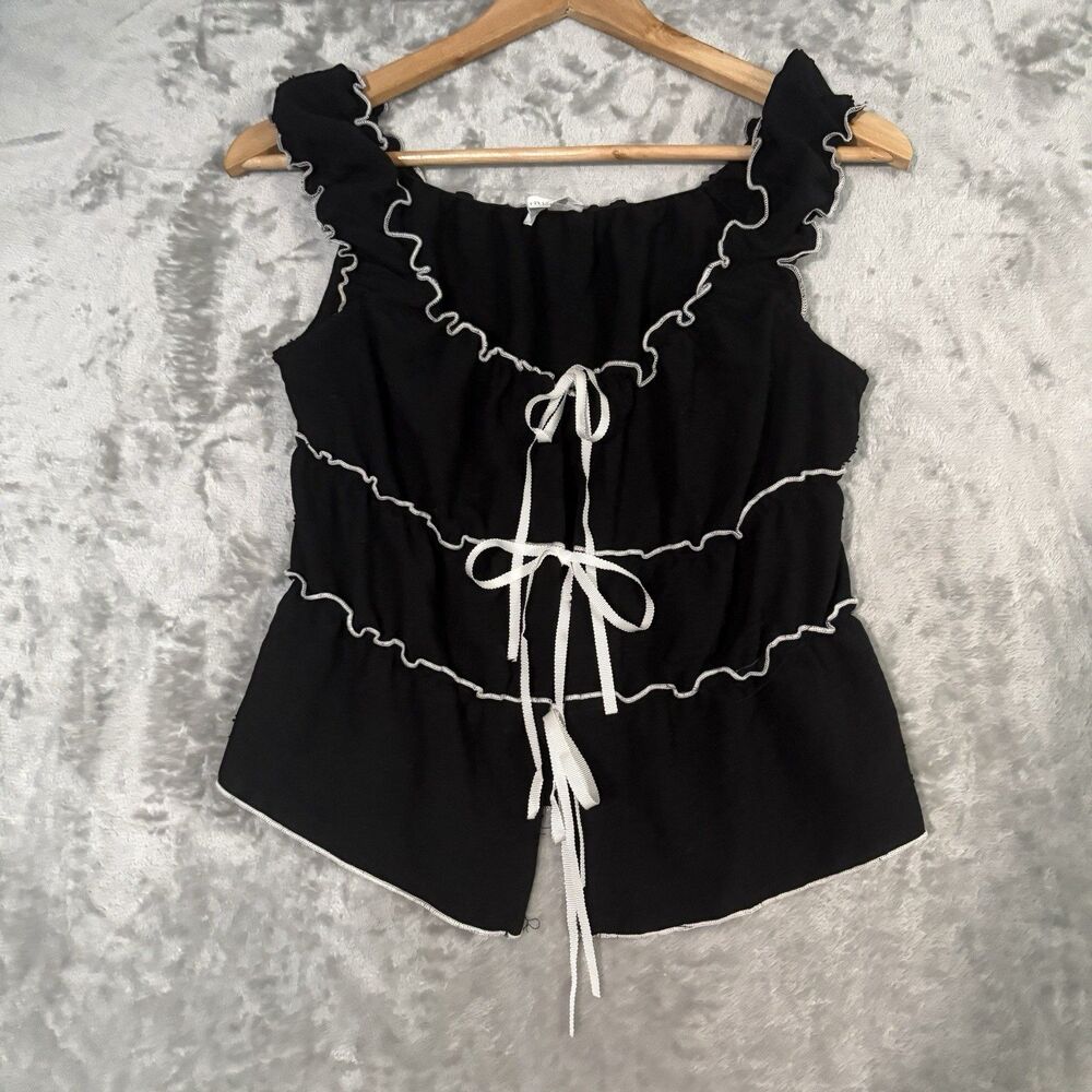 Black White Y2K Ruffled Tie Top Blouse Kirious Los Angeles Size S Coquette Fairy